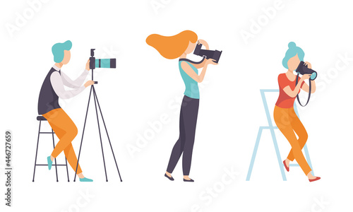 Man and Woman Photographer Shooting with Professional Camera Vector Set