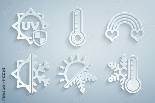 Set Sun and snowflake, Rainbow with heart, Thermometer, Meteorology thermometer and UV protection icon. Vector