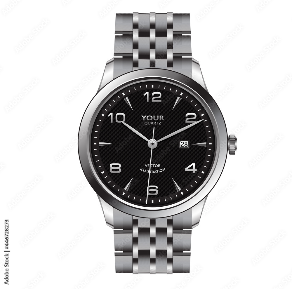 Realistic silver watch clock dark grey face design for men fashion on white background vector illustration. Realistic silver watch clock dark grey face design for men fashion on white background vector illustration.