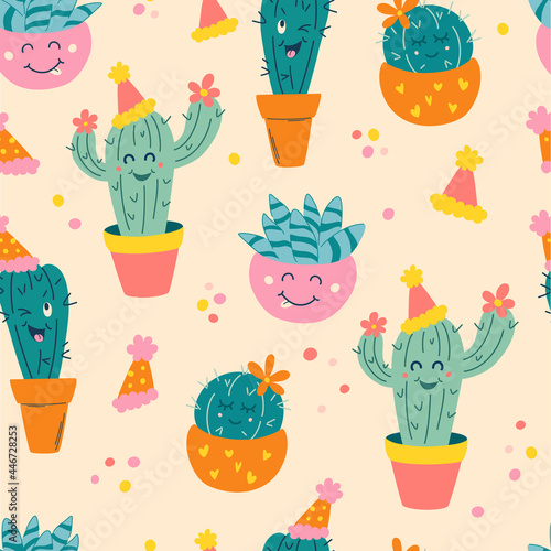 Cute seamless pattern with cactus. Cartoon Cacti in festive hats. Background for  holiday, birthday party. Funny homemade flowers with muzzles and caps. For fabric, wrapping, textile, wallpaper.Vector