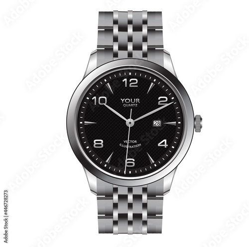 Realistic silver watch clock dark grey face design for men fashion on white background vector illustration.
