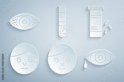 Set Runny nose, Medicine bottle and pills, Man with excessive sweating, Reddish eye allergic conjunctivitis, Test tube flask and icon. Vector