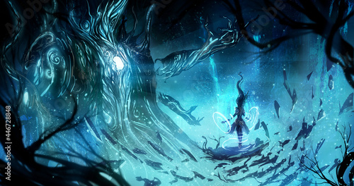 Fototapeta A female sorceress levitates in a glowing cave opposite a huge multi-armed alien lord, his body consists of light and roots, fireflies fly around and blue shimmering waterfalls flow