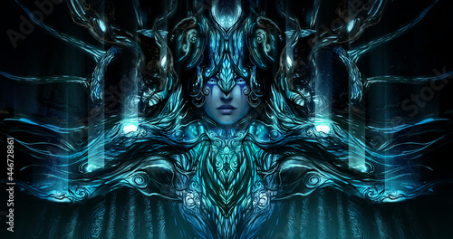 Photography An ancient warrior in a beautiful complex armor with many lights and patterns looks proudly and blissfully straight ahead, she has a beautiful pale face, roots and darkness are around her