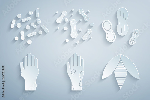 Set Hand with psoriasis or eczema, Peanut, Bee, Bacteria and Medicine pill tablet icon. Vector