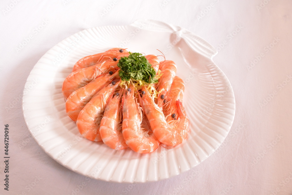 poached big fresh tiger prawn seafood with chinese herb and wine sauce in white background asian halal menu poached big fresh tiger prawn seafood with chinese herb and wine sauce in white background asian halal menu