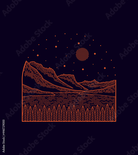 illustration of st. lake mary in montana glacier national park in mono line style for badges, emblems, patches, t-shirts, etc.