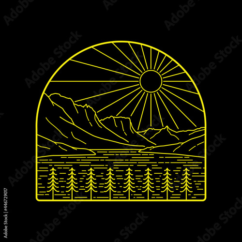 illustration of st. lake mary in montana glacier national park in mono line style for badges, emblems, patches, t-shirts, etc.