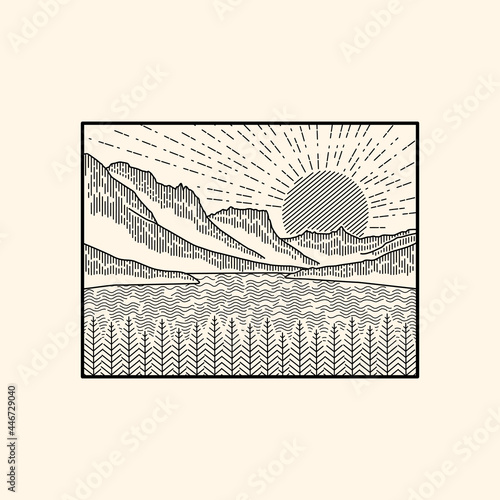 illustration of sunset in st. lake mary in montana glacier national in mono line style for badges, emblems, patches, t-shirts, etc.