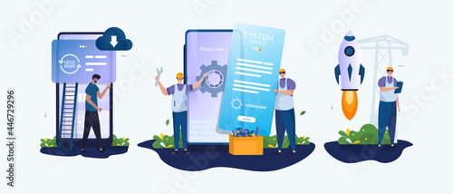 Illustration set of mobile software update maintenance concept