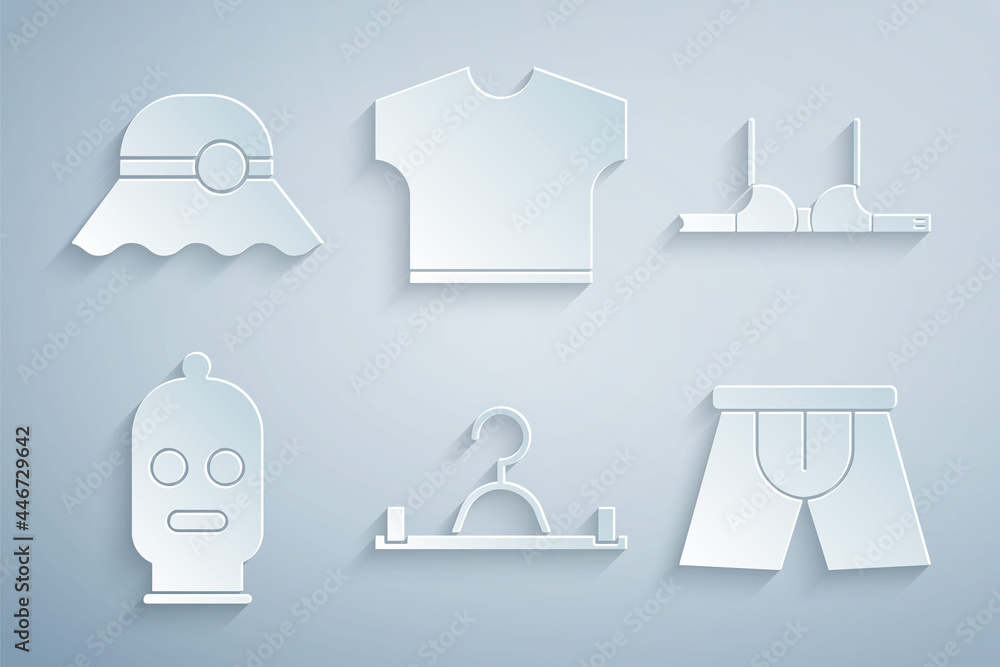 Set Hanger wardrobe, Bra, Balaclava, Men underpants, T-shirt and Elegant women hat icon. Vector Set Hanger wardrobe, Bra, Balaclava, Men underpants, T-shirt and Elegant women hat icon. Vector