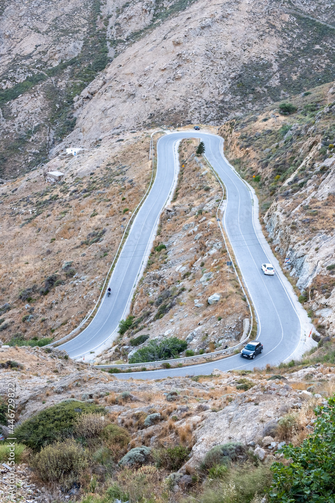 Serifos island, Cyclades Greece. High angle view of curved main road on mountains.