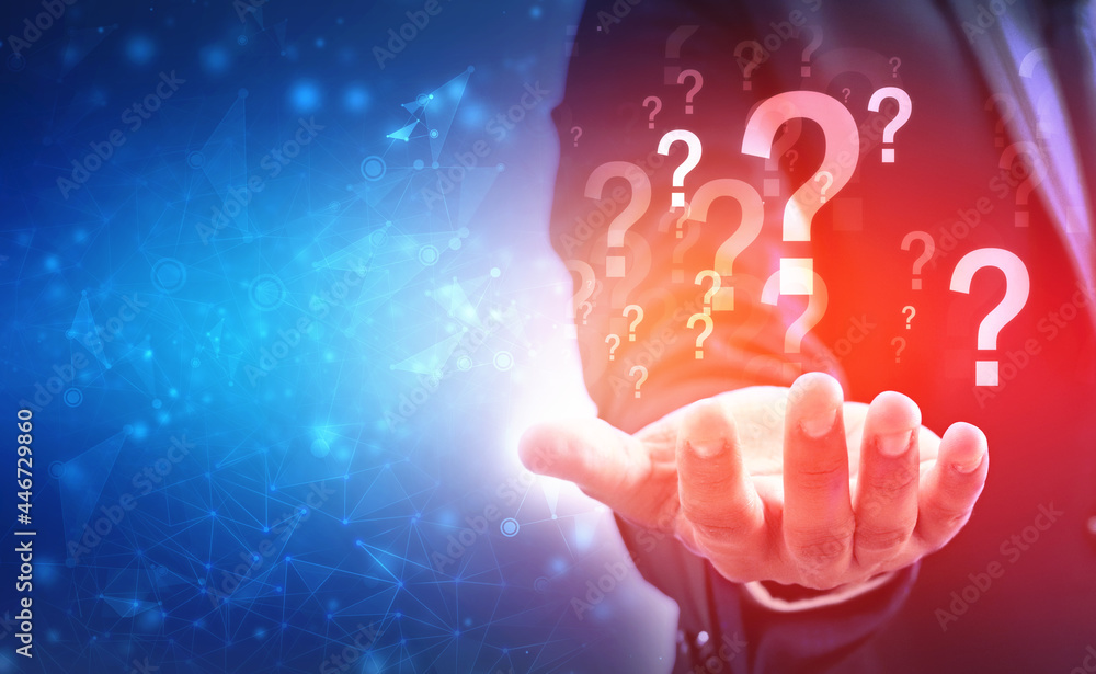 Question marks with young man holding his hand, Concept of Choice or Solution Question marks with young man holding his hand, Concept of Choice or Solution