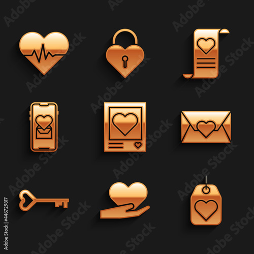 Set Photo frames and hearts, Heart in hand, tag, Envelope with Valentine, Key shape, Mobile, and rate icon. Vector