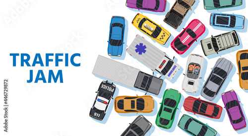 White Road with Different Vehicles in Traffic Jam.