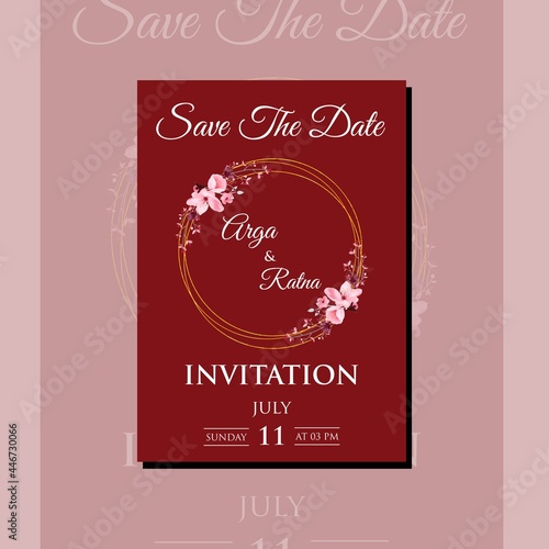 Floral design for wedding invitation. Gold frame in the shape of a crystal, red roses, green plants, eucalyptus.