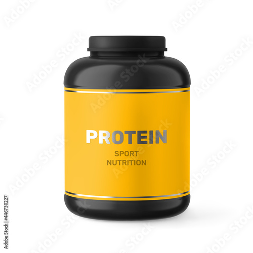 Black protein jar mockup with lid and label. Whey powder packaging, sport or dietary nutrition supplements black plastic container vector realistic illustration isolated on white background