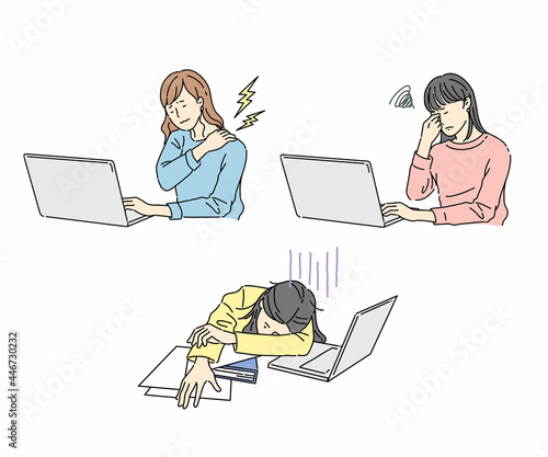 女性、ビジネス、デスクワーク、ストレス、疲労、肩こり