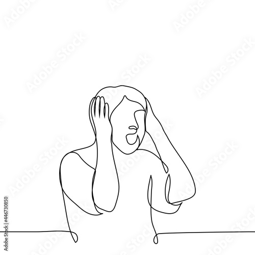 man with open mouth grabbed his head - one line drawing vector. the concept of an overabundance of feelings and emotions: joyful or terrified man