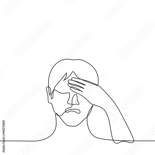 linear portrait of a crying man with hand wipes away tears - one line drawing vector. concept of crying, tantrums, an overabundance of feelings, bitter resentment, broken hopes, emotional breakdown