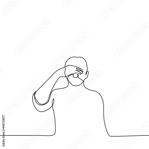 man put his hand to his eyes, he is holding the bridge of his nose - one line drawing. A man has a headache, eyes hurt, mental breakdown, mental strain, fatigue