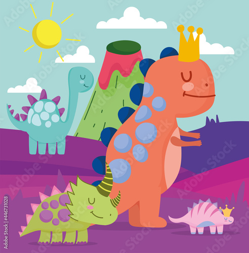 cute dinosaurs with landscape