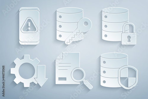 Set Document with search, Server security lock, Cost reduction, shield, key and Mobile exclamation mark icon. Vector
