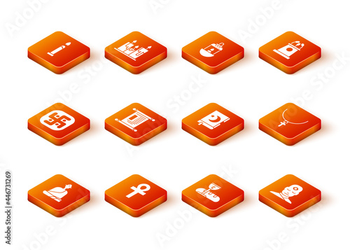 Set Buddhist monk, Cross ankh, Jainism, Decree, paper, parchment, scroll, First communion symbols, Holy book of Koran, Man with third eye and Christian cross chain icon. Vector