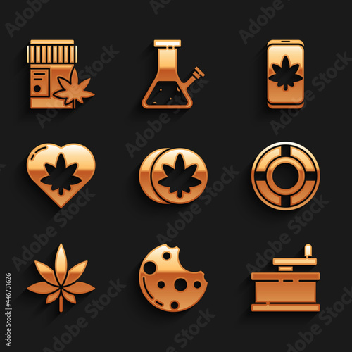 Set Herbal ecstasy tablets, Cookies with marijuana, Manual grinder, Ashtray, Marijuana or cannabis leaf, heart, Mobile and and Medical bottle icon. Vector