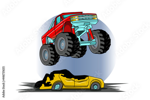 red monster truck jumping a car vector