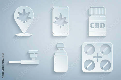 Set Marijuana or cannabis olive oil, Medical bottle with, Smoking pipe, pills marijuana, Mobile and and Location icon. Vector