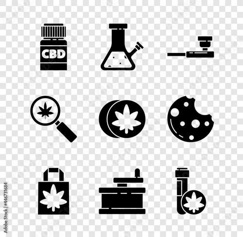 Set Medical bottle with cannabis, Smoking pipe, Shopping paper bag of marijuana, Manual grinder, Chemical test tube, Magnifying glass and and Herbal ecstasy tablets icon. Vector