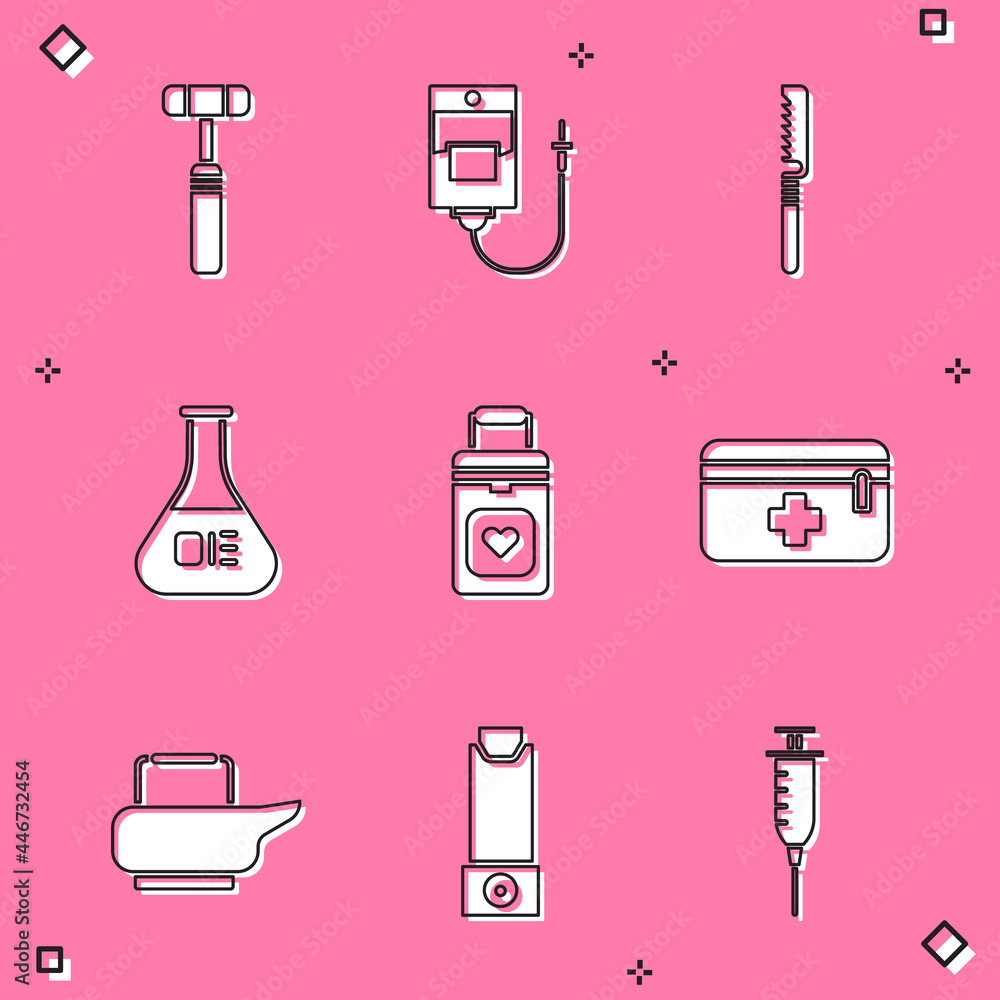 Set Neurology reflex hammer, IV bag, Medical saw, Test tube and flask, Organ container, First aid kit, Bedpan and Inhaler icon. Vector Set Neurology reflex hammer, IV bag, Medical saw, Test tube and flask, Organ container, First aid kit, Bedpan and Inhaler icon. Vector