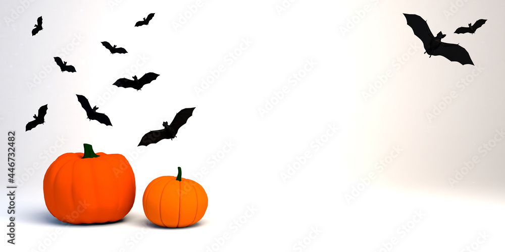 Pumpkins with bats. Halloween banner. 3d illustration.