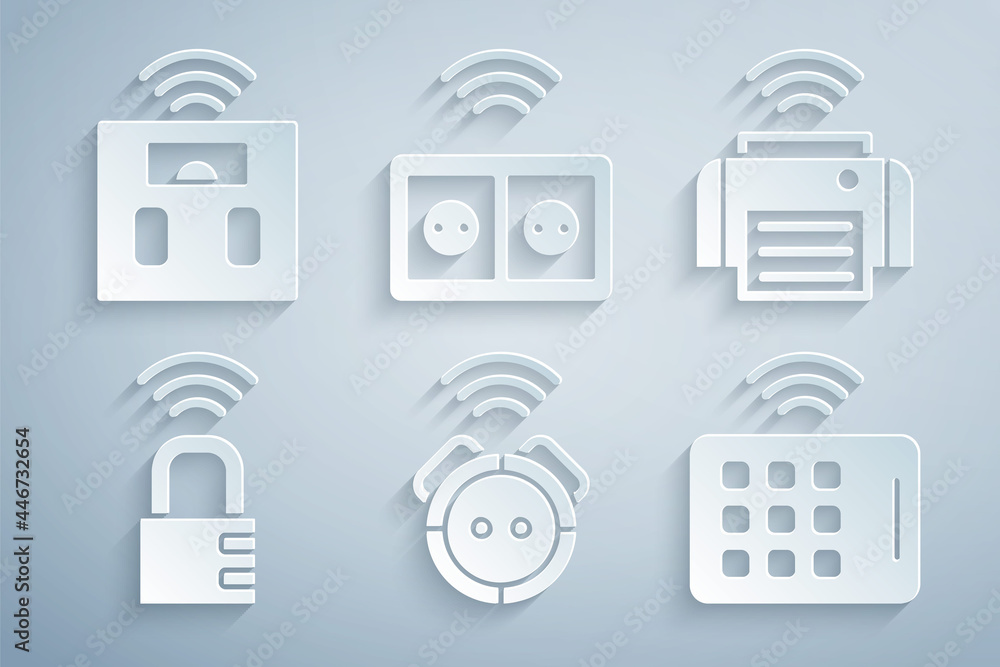 Set Robot vacuum cleaner, Smart printer, safe combination lock, Wireless tablet, electrical outlet and bathroom scales icon. Vector Set Robot vacuum cleaner, Smart printer, safe combination lock, Wireless tablet, electrical outlet and bathroom scales icon. Vector