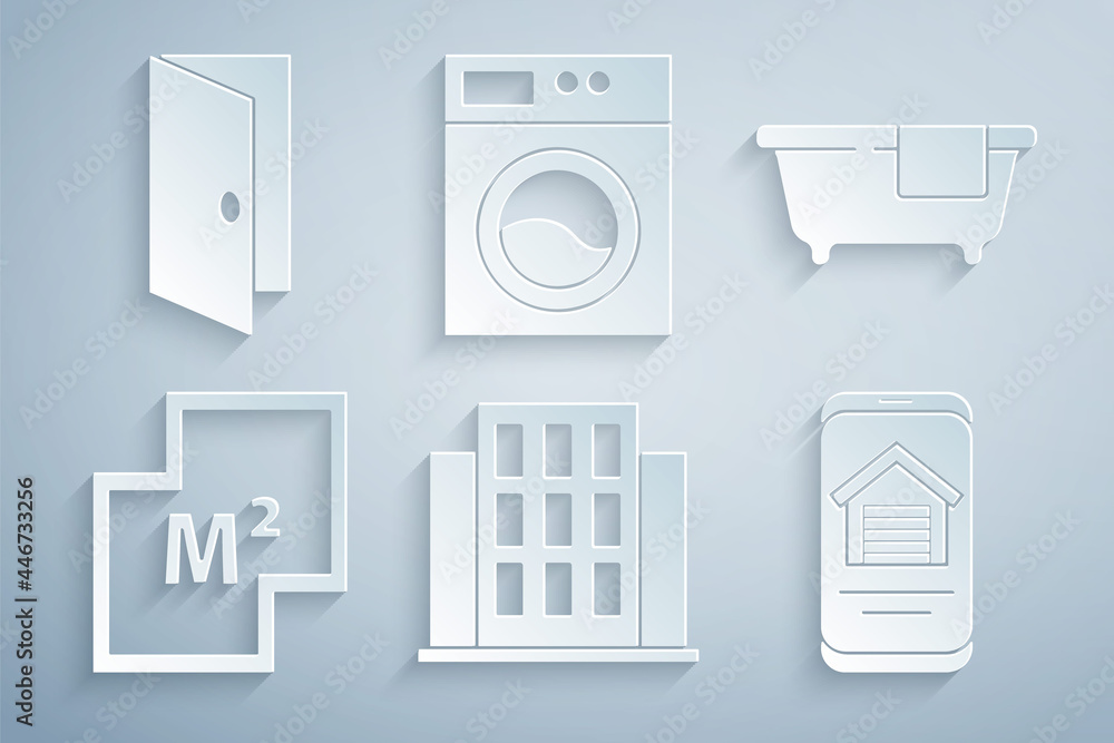 Set House, Bathtub, plan, Online real estate house, Washer and Closed door icon. Vector Set House, Bathtub, plan, Online real estate house, Washer and Closed door icon. Vector