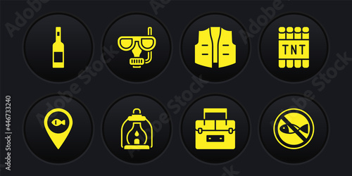 Set Location fishing, Detonate dynamite bomb stick, Camping lantern, Case container for wobbler, Fishing jacket, Diving mask and snorkel, No and Bottle of vodka icon. Vector