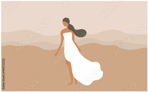 Beautiful woman in white dress walking along the beach vector illustration