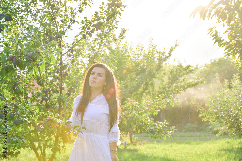 Young beautiful smiling woman with romantic dress at orchar near a plum tree. Young pretty farmer woman Young beautiful smiling woman with romantic dress at orchar near a plum tree. Young pretty farmer woman