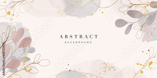 Abstract art background vector. Luxury minimal style wallpaper with golden line art flower and botanical leaves, Organic shapes, Watercolor. Vector background for banner, poster, Web and packaging.