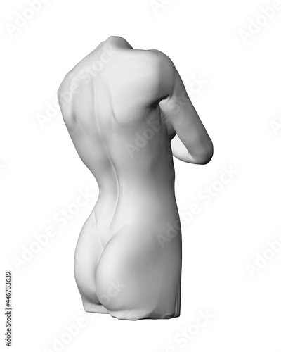 Body bust of a girl without head and legs isolated on white background. The girl covers her chest with her hand. 3D. Back view. Vector illustration