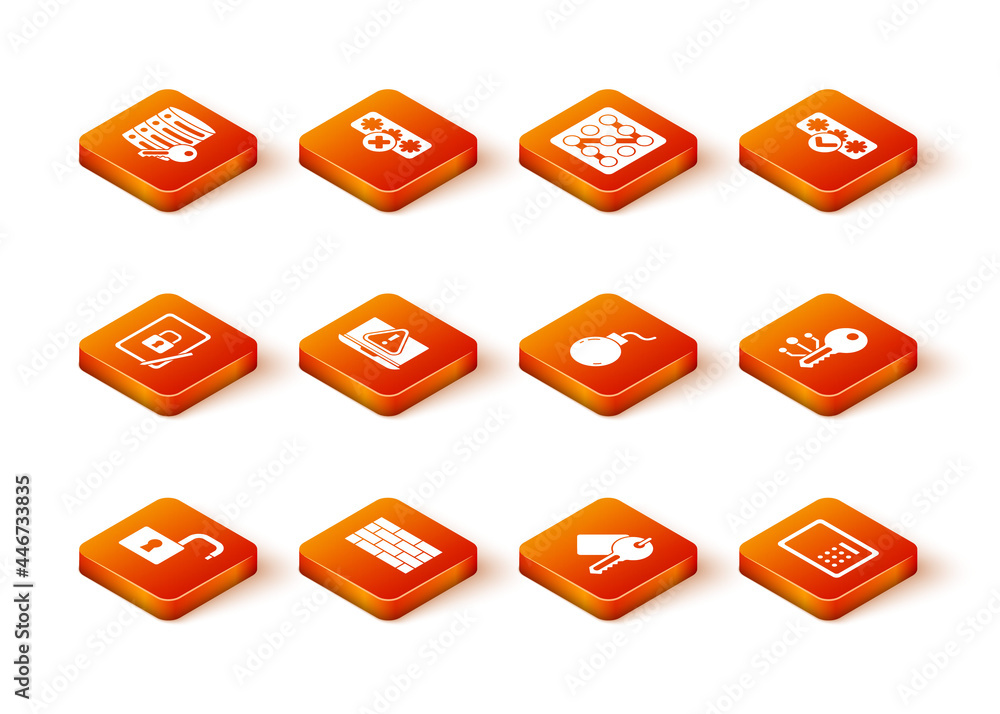 Set Open padlock, Firewall, security wall, Tablet with closed, Laptop exclamation mark, Marked key, Bomb ready explode, Safe and Cryptocurrency icon. Vector Set Open padlock, Firewall, security wall, Tablet with closed, Laptop exclamation mark, Marked key, Bomb ready explode, Safe and Cryptocurrency icon. Vector