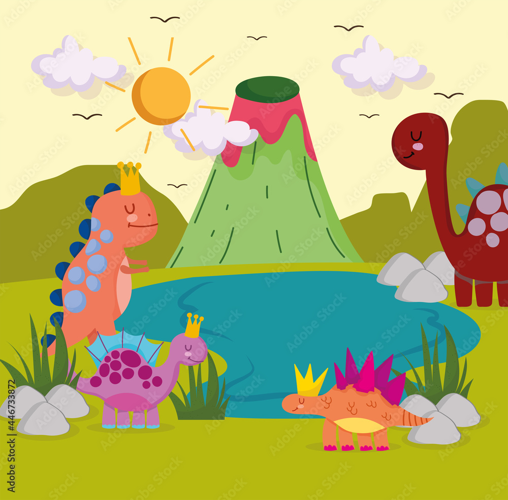 Obraz premium cute dinosaurs nature scene