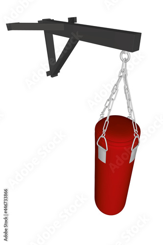 Red punching bag hanging on chains attached to fasteners isolated on white background. 3D. Perspective view. Vector illustration