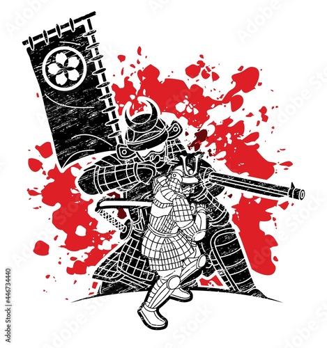 Samurai Warrior with Weapons Group of Ronin Japanese Fighter Cartoon Graphic Vector