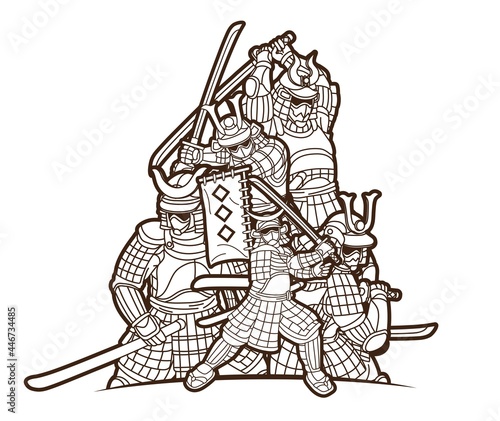 Samurai Warrior with Weapons Group of Ronin Japanese Fighter Cartoon Graphic Vector