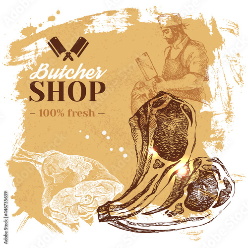 Hand drawn sketch meat butcher shop background. Vector vintage illustration. Menu poster design