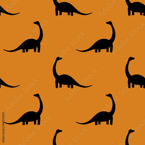 Seamless pattern with dinosaurs on an orange background. Print of black diplodocus silhouettes