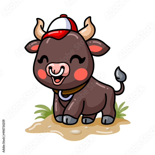 Cute baby bull cartoon wearing hat