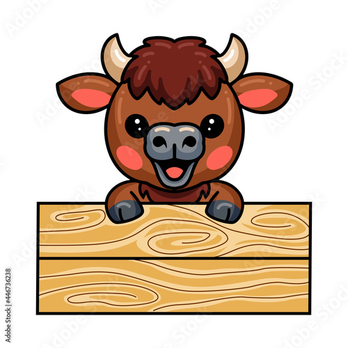 Cute baby buffalo cartoon with blank board 